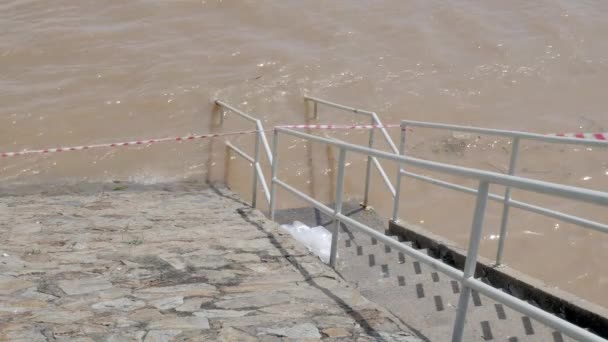Primer Plano Escalera Inundada Orilla Del Río — Vídeos de Stock