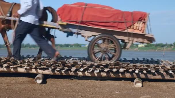 Primo Piano Carrelli Cavallo Che Trasportano Mattoni Attraverso Ponte Bambù — Video Stock