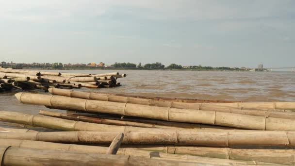 Närbild Bambustjälkar Lagrade Mekongfloden Den Kommer Att Användas För Att — Stockvideo