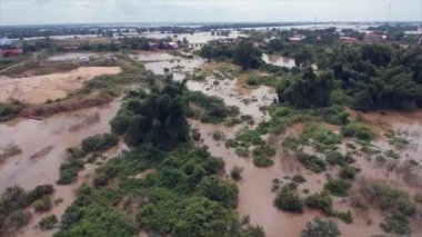 Aerial drone shot of  flooded fields in countryside
