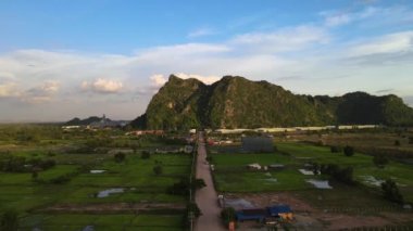 aerial drone footage of a dirt road through green rice fields. Mountain as backdrop