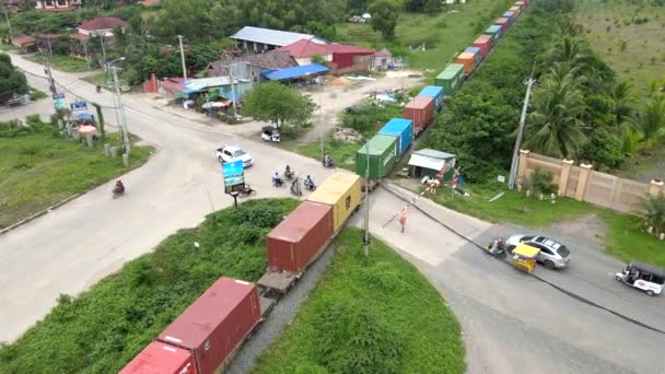 Kampot Cambodia 2022 Overhead Aerial Drone Footage Freight Train Passing — Stock Video