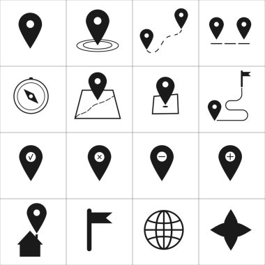 Navigasyon simgesi seti. GPS, rota, haritalar, konum, navigatör, pusula olarak simgeleri içerir