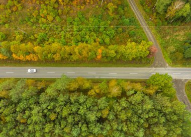Uzun çam ormanlarıyla kaplı uçsuz bucaksız bir ova. Çerçevenin ortasında düz bir yol görebilirsiniz. Fotoğraf uçan bir dron kullanılarak çekildi..