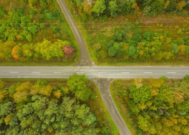Uzun çam ormanlarıyla kaplı uçsuz bucaksız bir ova. Çerçevenin ortasında asfalt yolu olan bir orman yolunun kavşağını görebilirsiniz. Fotoğraf uçan bir İHA ile çekildi..