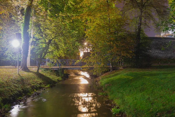 波兰人伊洛瓦市一个公园里一座横跨谢尔纳河的小桥 夜幕降临时 电灯照亮了黑暗 落叶的树木生长在四周 — 图库照片