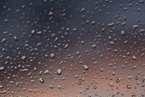 Rain Window Pane Covered Drops Water Dark Clouds Background Evening — Stock Photo, Image