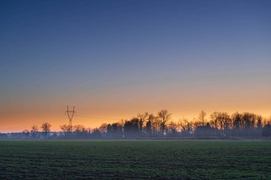 Uçsuz bucaksız. Uzun metal elektrik direğiyle çayırlar. Arka planda açık akşam gökyüzü.