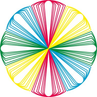 Dairesel, çok renkli bir nesnenin vektör grafiği dolgunun kaldırılması ve bir üçgenin dönüşümü ile oluşur..