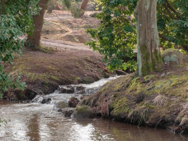 Polonya 'da küçük bir kasaba. İlkbaharın başlarında yerel park, ağaçlar yapraksız. Parkta akan küçük bir dere manzarası.