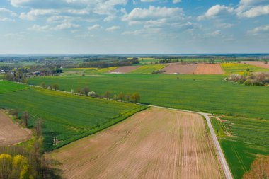 Tarıma elverişli tarlalar ve çayırlarla kaplı uçsuz bucaksız bir ova. Bazı yerlerde ağaç kümeleri görebiliyorsun. Gökyüzü hafifçe bulutlu. İHA 'dan fotoğraf..