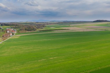 Tarıma elverişli tarlalar ve çayırlarla kaplı uçsuz bucaksız bir ova. Bazı yerlerde ağaç kümeleri görebiliyorsun. Gökyüzü hafifçe bulutlu. İHA 'dan fotoğraf..