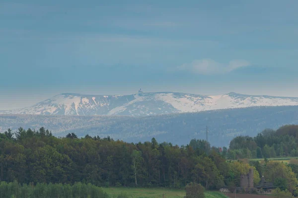 The upland is covered with green trees. In the distance you can see misty mountain peaks covered with a blanket of white snow. The sky is slightly cloudy.