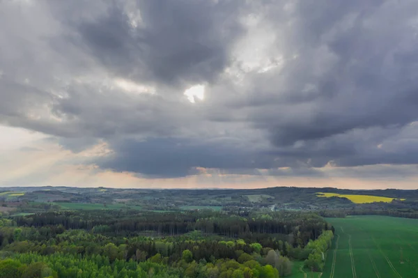 Sudeten Upland Undulating Terrain Covered Arable Fields Meadows Forests You — Foto de Stock