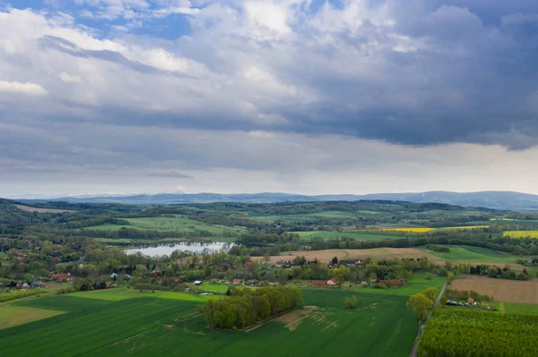 The upland is covered with green trees. In the distance you can see misty mountain peaks covered with a blanket of white snow. The sky is slightly cloudy.