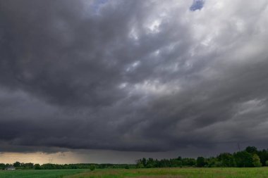 Yeşil çayırlar ve tarım arazileriyle kaplı uçsuz bucaksız bir ova. Uzakta ağaçlar var. Zirvede, gökyüzü fırtınanın habercisi olan karanlık ve uğursuz bulutlarla kaplı..