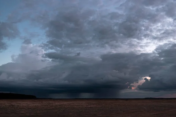 Oncoming storm with rain falling in the distance.A vast plain, in the distance you can see the line of the forest. The sky is covered with dark, stormy clouds. On the horizon you can see streaks of rain falling in the distance.