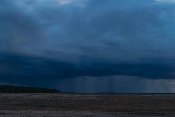 Oncoming storm with rain falling in the distance.A vast plain, in the distance you can see the line of the forest.