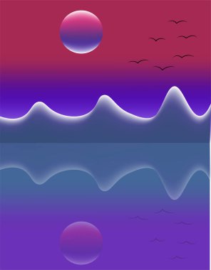 Renkli gökyüzünün arka planına karşı görkemli dağlar. Göldeki dağların yansıması, güzel doğa.