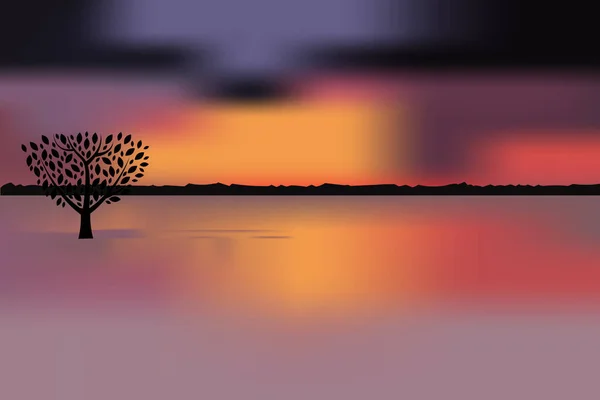 Colorful Landscape Lonely Tree Background Bright Sunset Reflected Water — Stockvektor