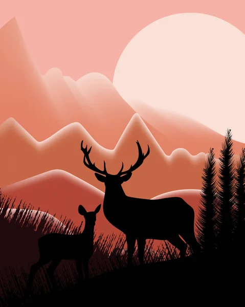 Colorful Landscape Deer Fawn Backdrop Majestic Mountains Beautiful Sunset — Stockvektor
