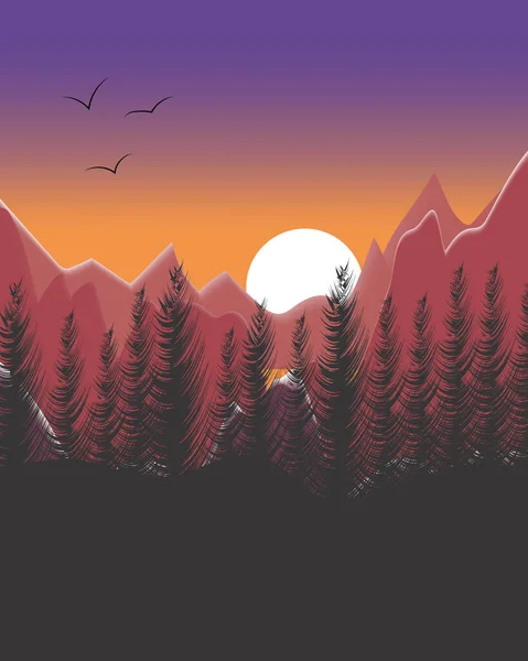 Colorful Landscape Majestic Mountains Backdrop Bright Birds Sky Bright Sun — Stockvektor