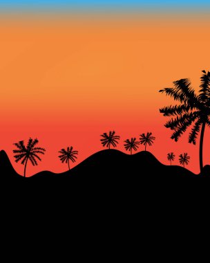 Renkli bir günbatımının arka planında palmiye ağaçları, parlak gökyüzü, akşam