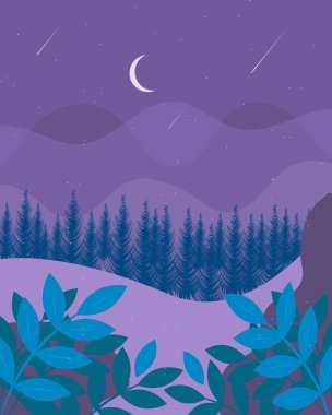 Gece doğa, yıldızlı gökyüzü, kayan yıldızlar, hilal ışığı, ufukta köknar ormanı.