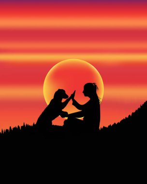 Renkli bir günbatımının arka planında bir kız ve köpek. Ayrılmaz arkadaşlar. Köpek insanın dostudur.