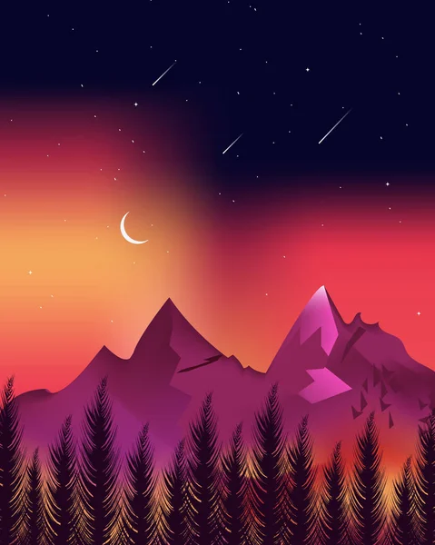 Majestic Mountains Background Colorful Sunset Falling Stars Glowing Crescent Moon — Stockvektor