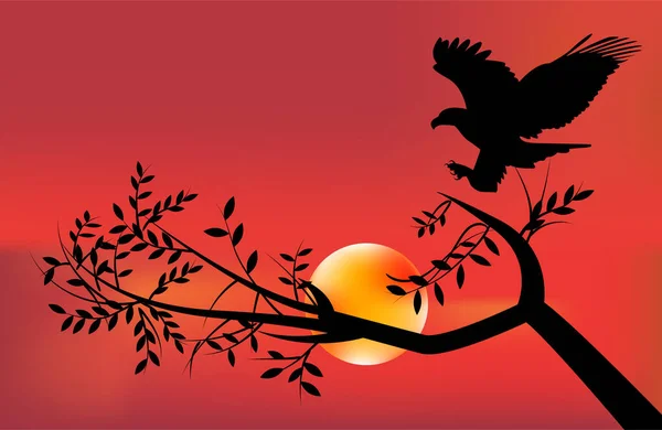 Bird Flew Branch Background Colorful Sunset Bright Sun Horizon — Vettoriale Stock