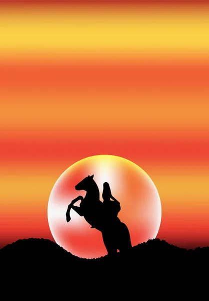 Girl Horseback Background Colorful Sunset — Stockvektor