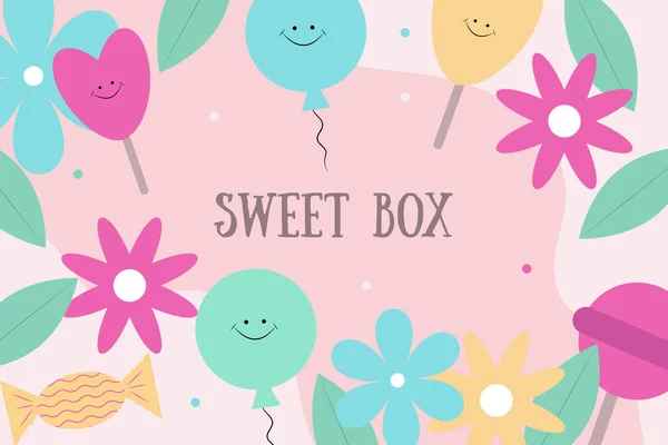 Colorful Sweets Box Cover Bright Abstract Background Sweets Balloons Flowers — Stock Vector