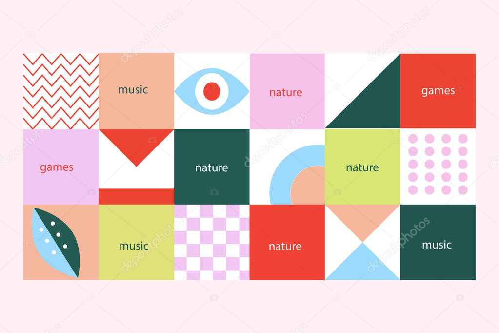 Bright abstract background with geometric shapes, elements, colorful poster, banner, cover, postcard, sticker, text
