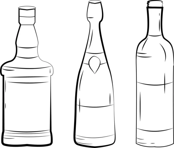 Szkic Szklanych Butelek Wina Soku Piwa Whisky Szklanych Kieliszków — Wektor stockowy