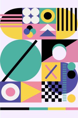 Geometrik şekilli parlak soyut arkaplan, elementler, renkli poster, afiş, kapak, kartpostal, etiket, metin