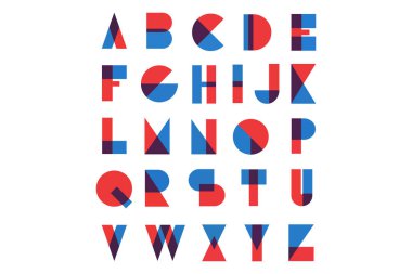 Vektör harfleri, geometrik şekillerden İngiliz alfabesi, parlak semboller, renkli yazı tipi