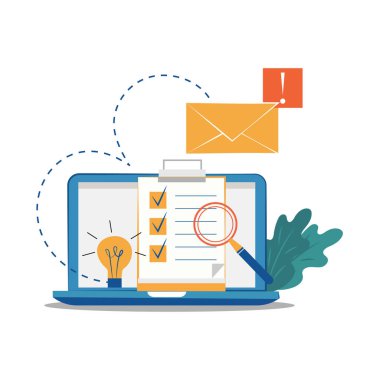 Görev listeli dizüstü bilgisayar, tamamlanmış görevler, gelen e-postalar, okunmamış mesaj, elektrik. Parlak düz resimleme