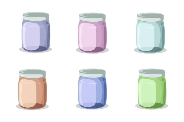 Collection Colorful Glass Storage Jars Airtight Aluminum Lids Vector Mockup — Stock Vector