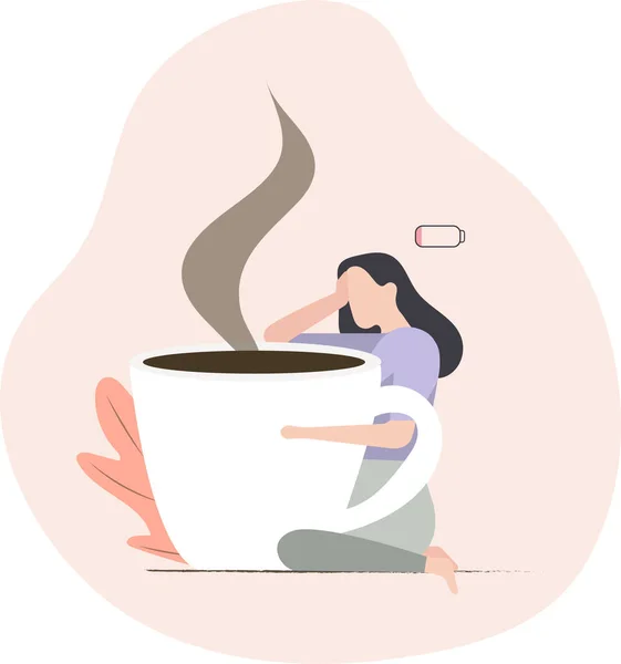 Ilustração Mostra Uma Mulher Cansada Com Uma Grande Caneca Café — Vetor de Stock