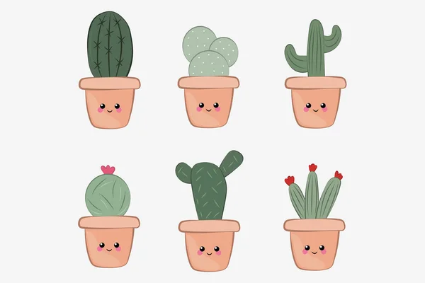 Ensemble Cactus Dessin Animé Mignons Dans Pot Différents Types Plantes — Image vectorielle