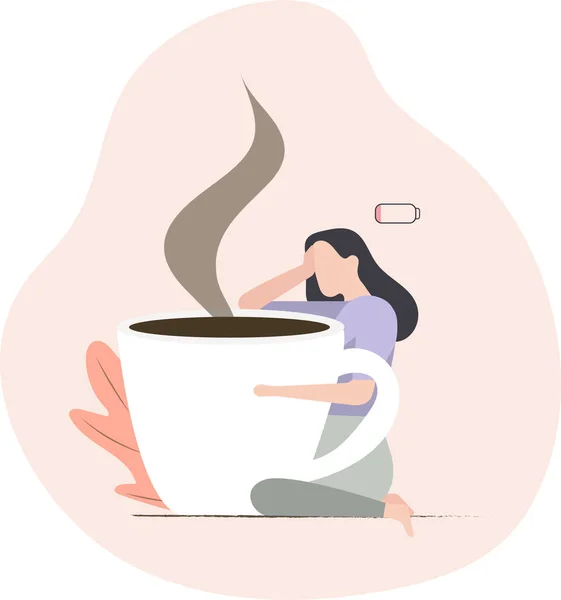 Illustrazione Mostra Una Donna Stanca Con Una Grande Tazza Caffè — Vettoriale Stock