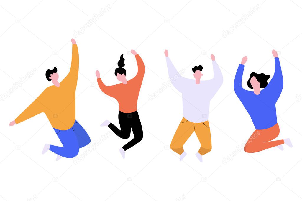 Jumping young guys, joy, fun, boys and girls dancing, hands up, happiness. Flat colorful illustration