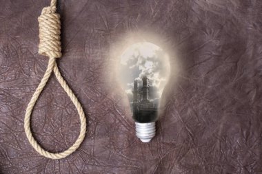 Cellat ilmiği ve ampul. İçerideki havayı kirleten bir fabrika. Fosil yakıtlara ölüm kavramı.