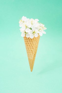 Dondurma külahı, bahar elması çiçekleriyle dolu, açık mavi üzerinde yüzen ve izole, güzel çiçek desenli, klasik renk