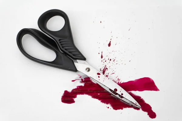 Bloody Scissors Pool Blood Murder Attack Concept Isolated White — стоковое фото