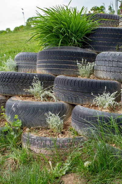 Tire wall filled with earth and plants, made for hill consolidation.