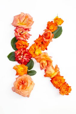 Kırmızı turuncu güllerden yapılmış büyük harf K, beyaz arkaplanda izole edilmiş.