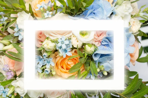 Bright Boho Flowers Arrangement Glowing Rectangular White Frame — Stockfoto