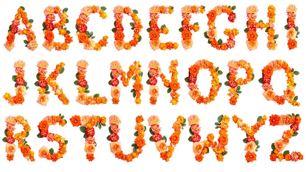 Alfabet Gemaakt Met Echte Rode Oranje Rozen Bruiloft Lettertype Fotografie — Stockfoto